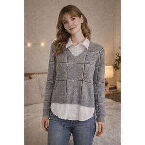 Jones Co Fuzzy Knit Layered Sweater Collared Hem Cozy Workwear XS Preppy Gray